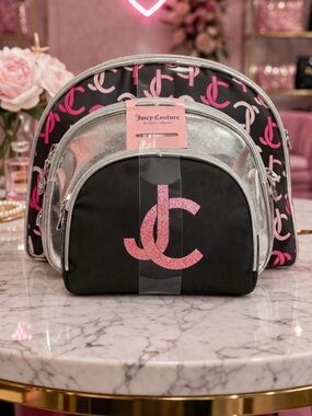 Juicy Couture Black, Pink & Silver Logo Backpack Cosmetic Set